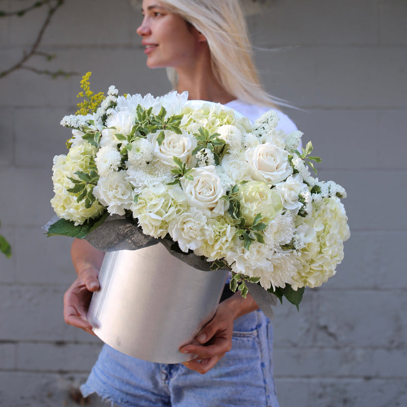 Catherine — white hydrangeas and roses arrangement